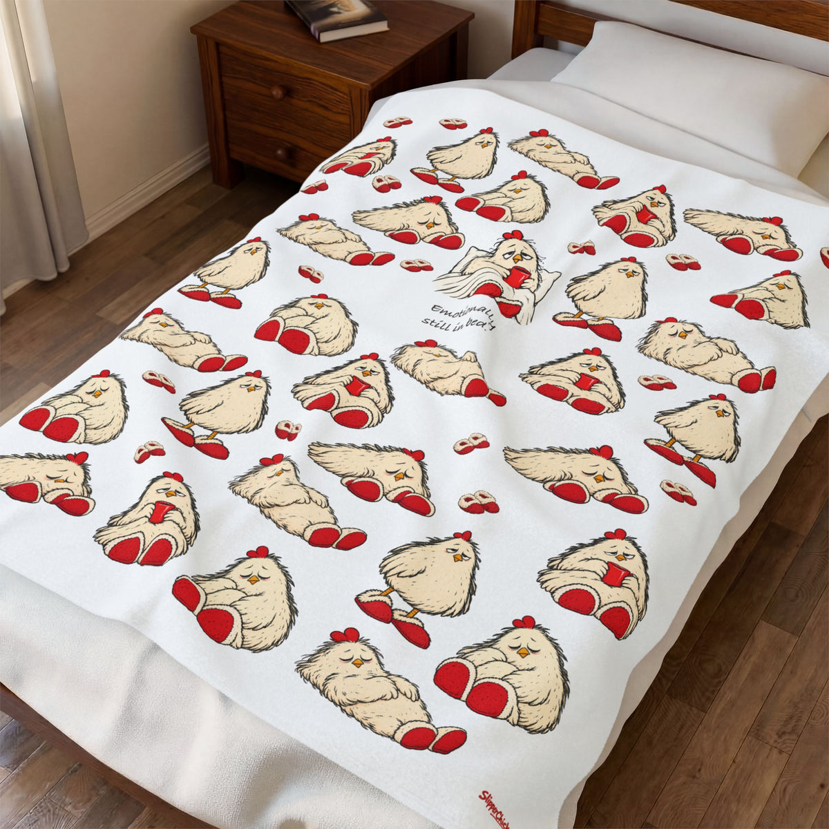 Printify close-up bedroom mockup of the 50 × 60-inch Sleepy Blanket, showing the approved six-pose chicken pattern, quote and lower-right signature