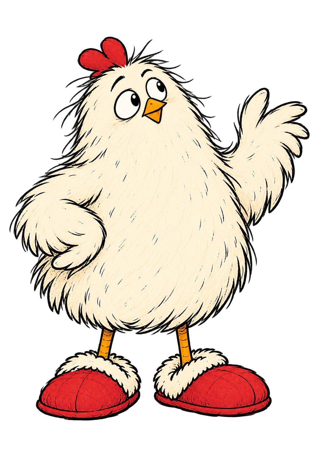 A scruffy little cream chicken waving hello in oversized red slippers