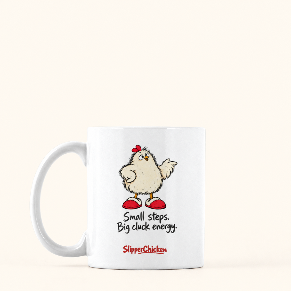 Confident Mug with handle on the left, preserving Printed Mint's saved artwork scale and placement on a warm tan background.