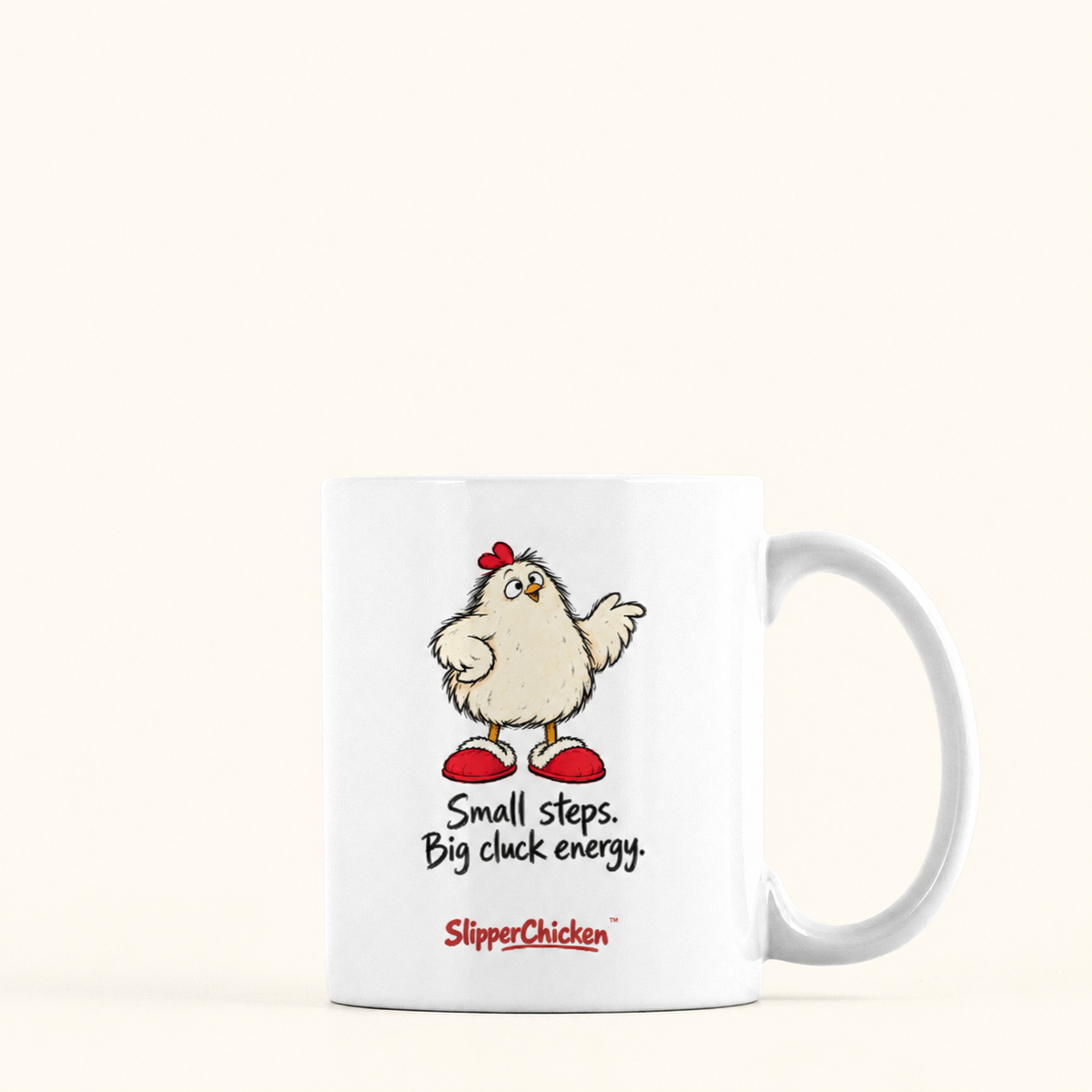 Confident Mug with handle on the right, preserving Printed Mint's saved artwork scale and placement on a warm tan background.