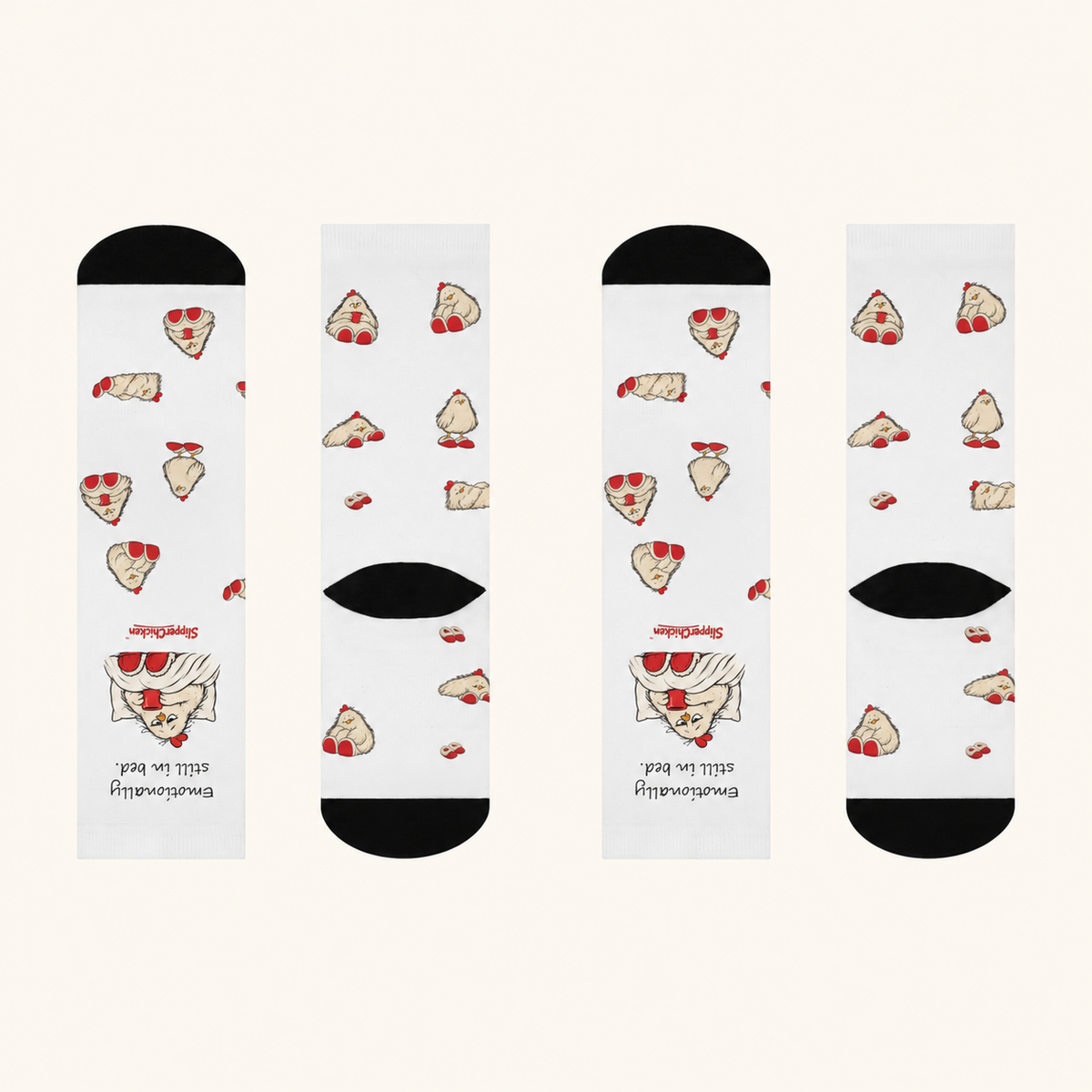 All sides of Sleepy Socks on a warm tan studio background