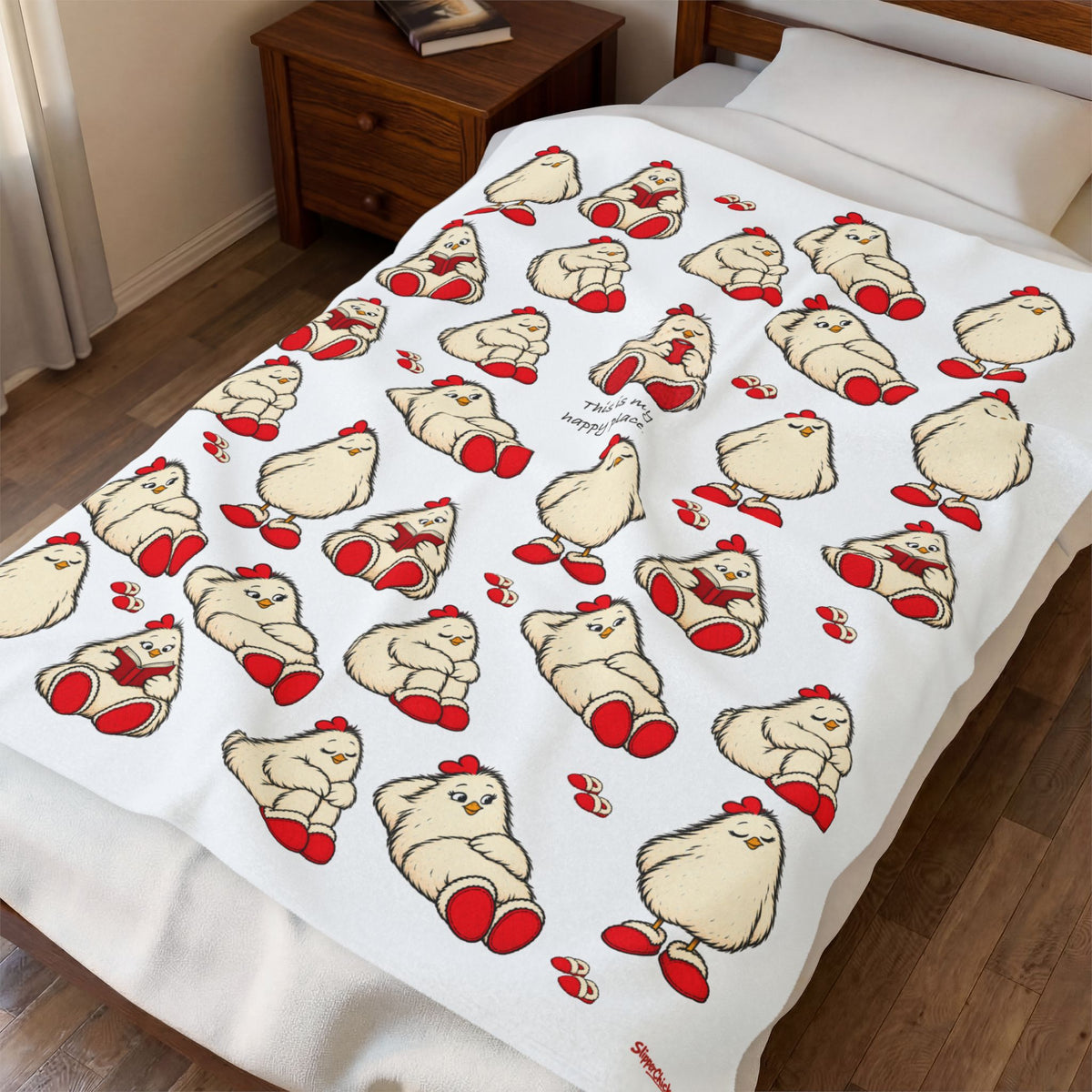 Printify close-up lifestyle mockup of the 50 × 60-inch Content Blanket on a bed, showing the complete-chicken pattern, focal red-mug chicken and This is my happy place quote