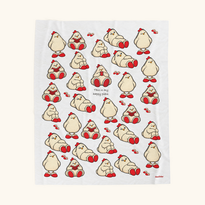 White 50 × 60-inch Content Blanket on the site's tan background, with one focal red-mug chicken and This is my happy place quote, smaller complete chickens, scattered slippers and lower-right SlipperChicken signature