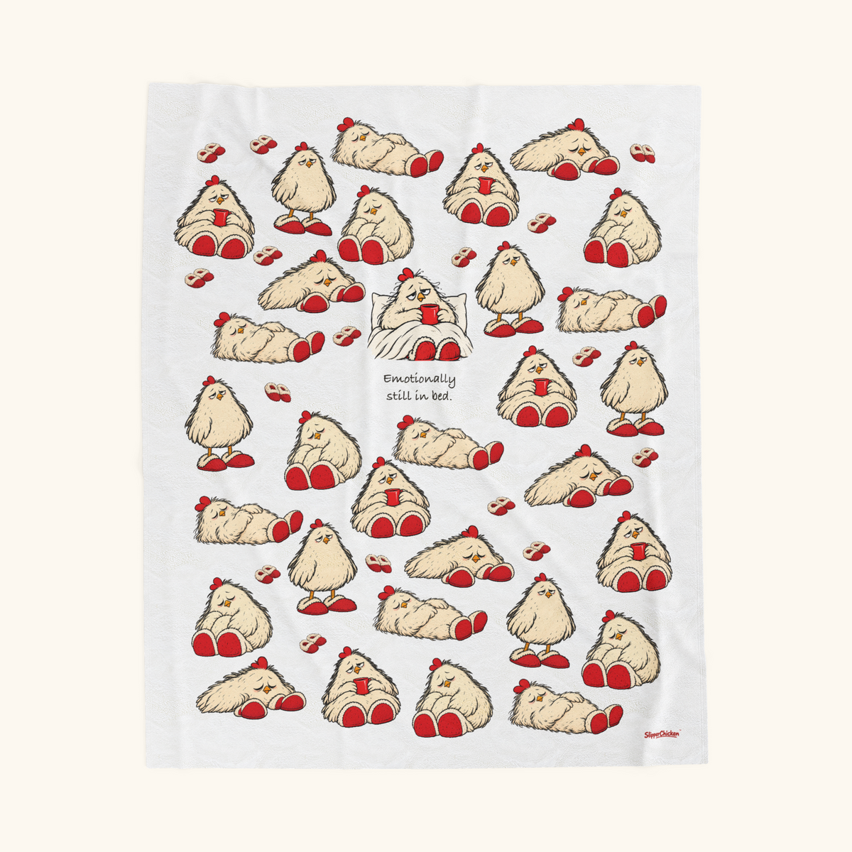 White Sleepy Blanket on site tan, with a focal chicken tucked into bed and Emotionally still in bed quote, 30 smaller complete chickens in five supporting poses, scattered red slippers and a lower-right SlipperChicken signature