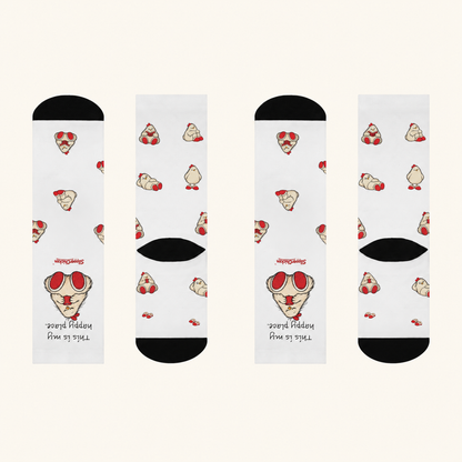 All sides of Content Socks on a warm tan studio background