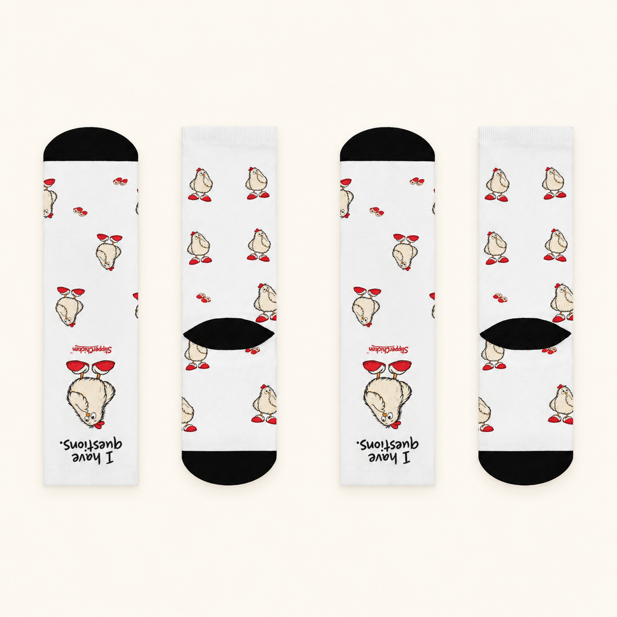 All sides of Curious Socks on a warm tan studio background