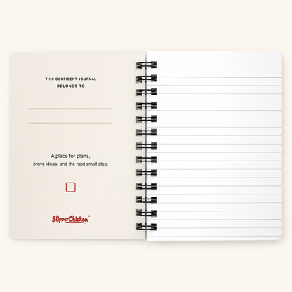 Confident Journal inside front on a tan background; supplier-proportion mockup.