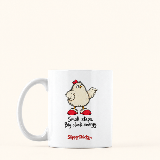 Confident Mug with handle on the left, preserving Printed Mint's saved artwork scale and placement on a warm tan background.