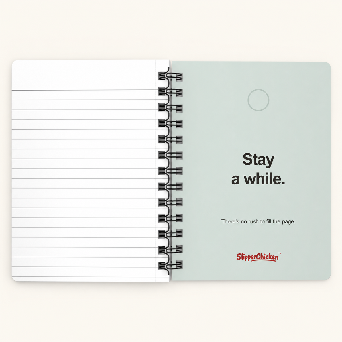 Content Journal inside back on a tan background; supplier-proportion mockup.