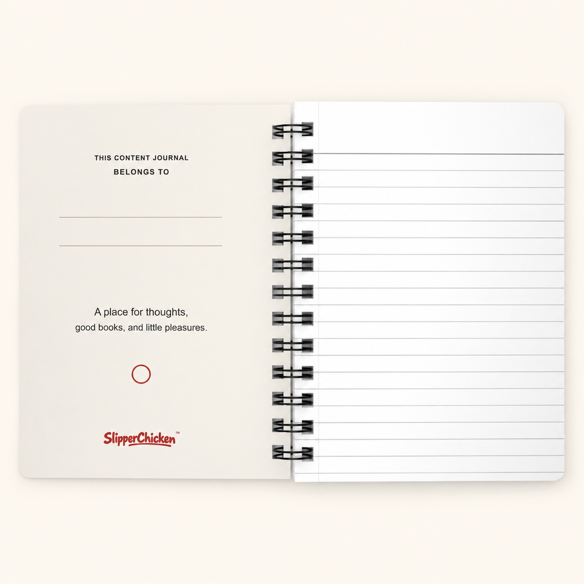 Content Journal inside front on a tan background; supplier-proportion mockup.