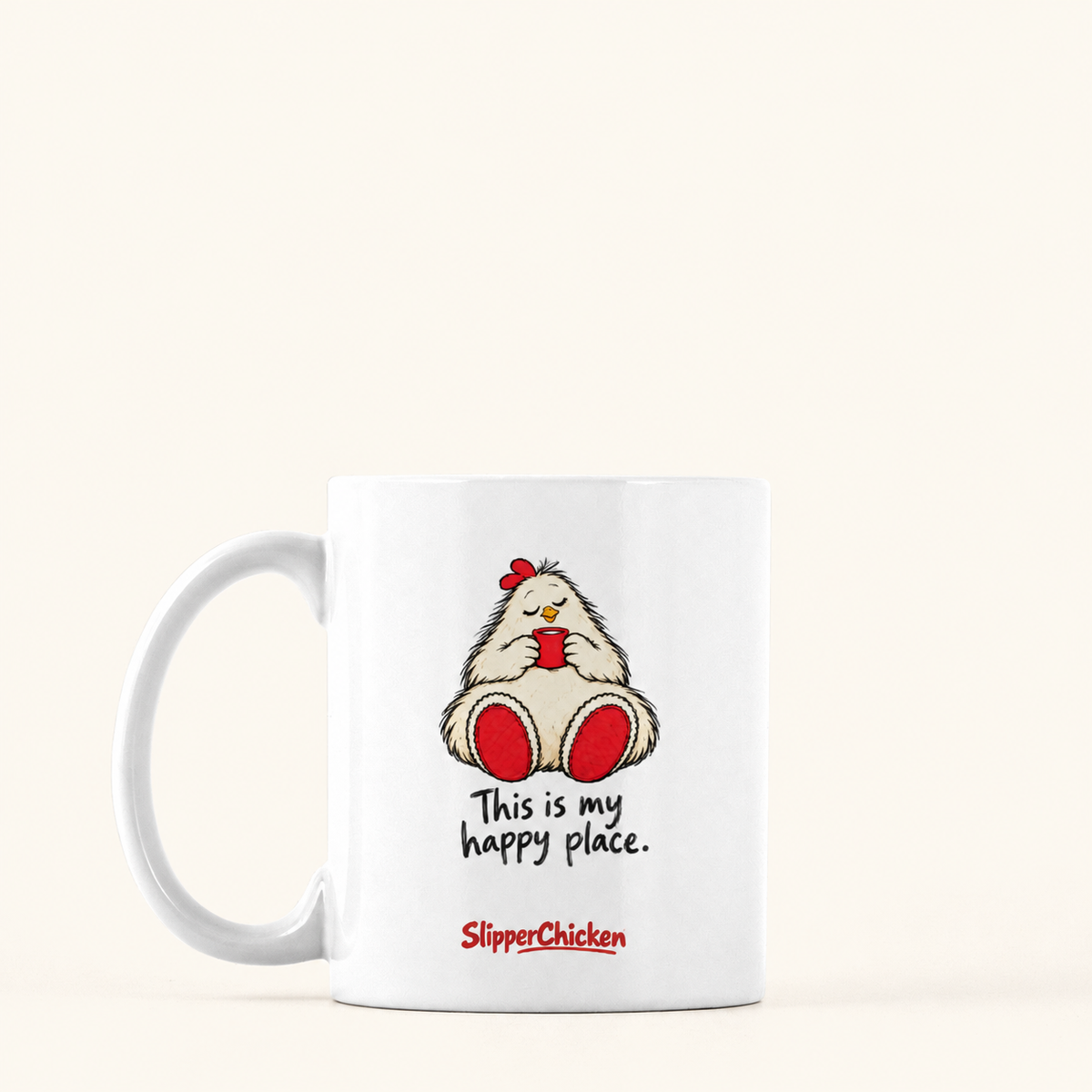 Content Mug with handle on the left, preserving Printed Mint's saved artwork scale and placement on a warm tan background.