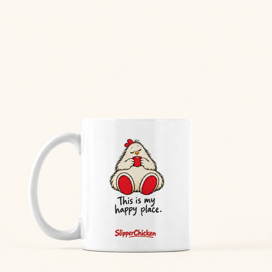 Content Mug with handle on the left, preserving Printed Mint's saved artwork scale and placement on a warm tan background.