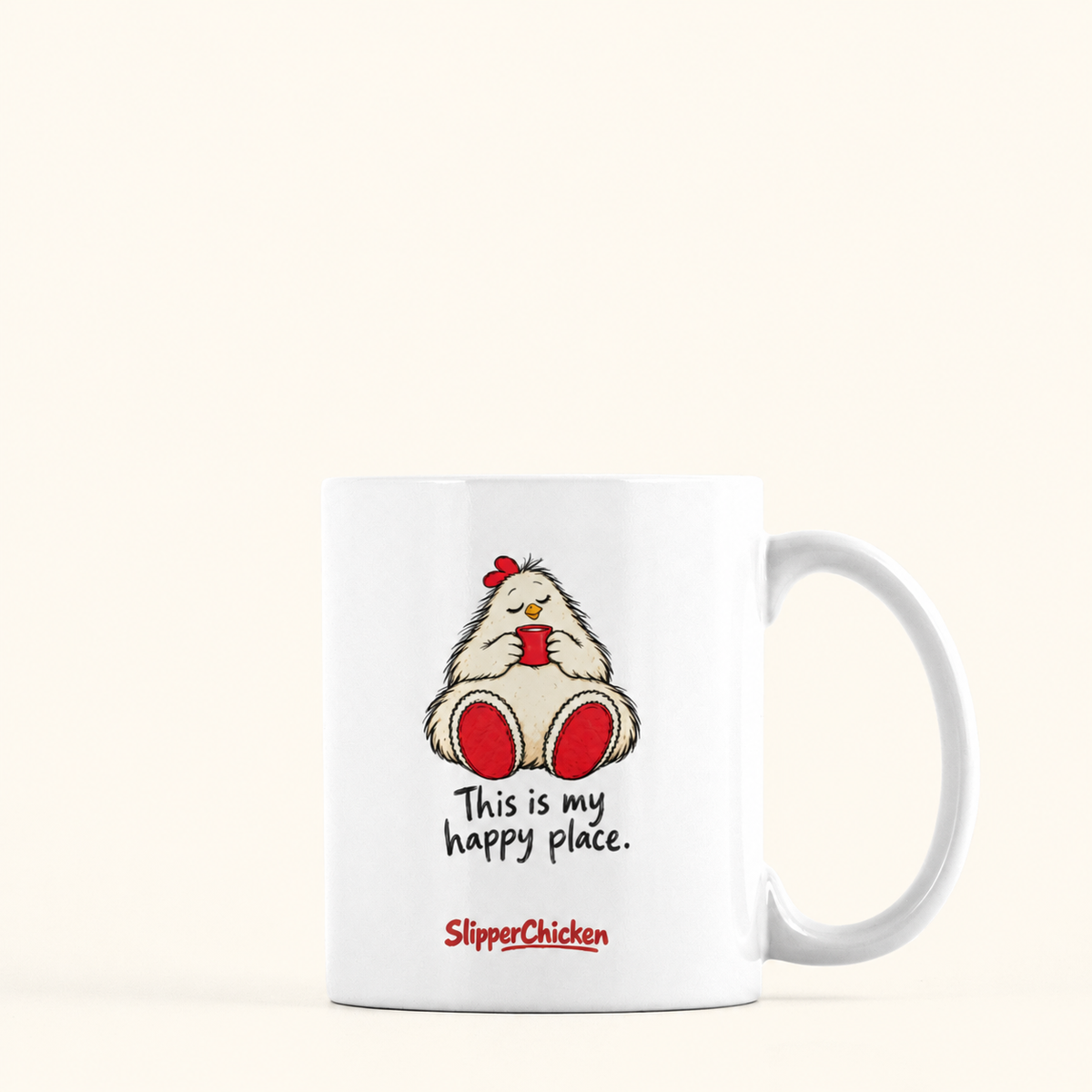 Content Mug with handle on the right, preserving Printed Mint's saved artwork scale and placement on a warm tan background.