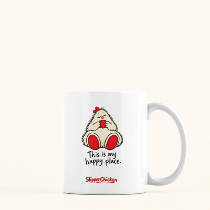 Content Mug with handle on the right, preserving Printed Mint's saved artwork scale and placement on a warm tan background.