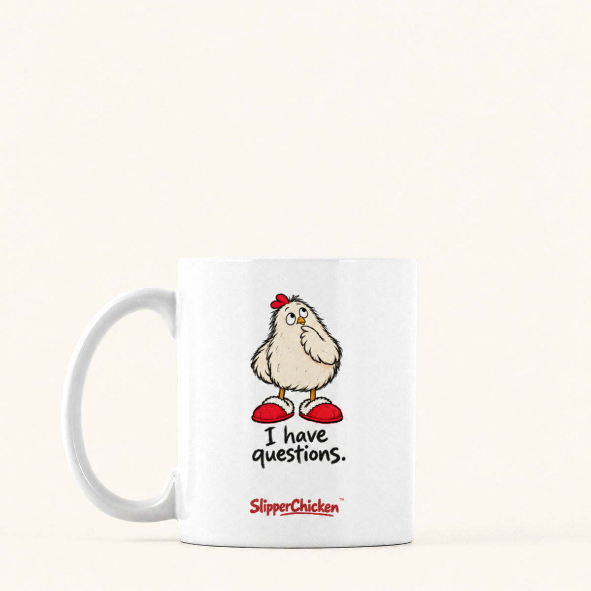 Curious Mug with handle on the left, preserving Printed Mint's saved artwork scale and placement on a warm tan background.