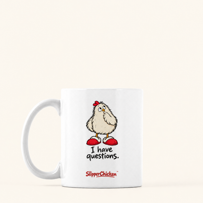 Curious Mug with handle on the left, preserving Printed Mint's saved artwork scale and placement on a warm tan background.