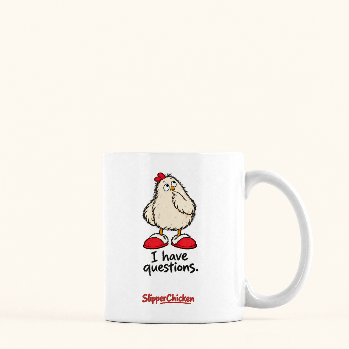 Curious Mug with handle on the right, preserving Printed Mint's saved artwork scale and placement on a warm tan background.