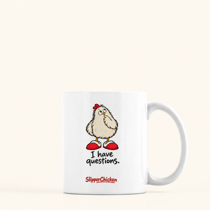 Curious Mug with handle on the right, preserving Printed Mint's saved artwork scale and placement on a warm tan background.