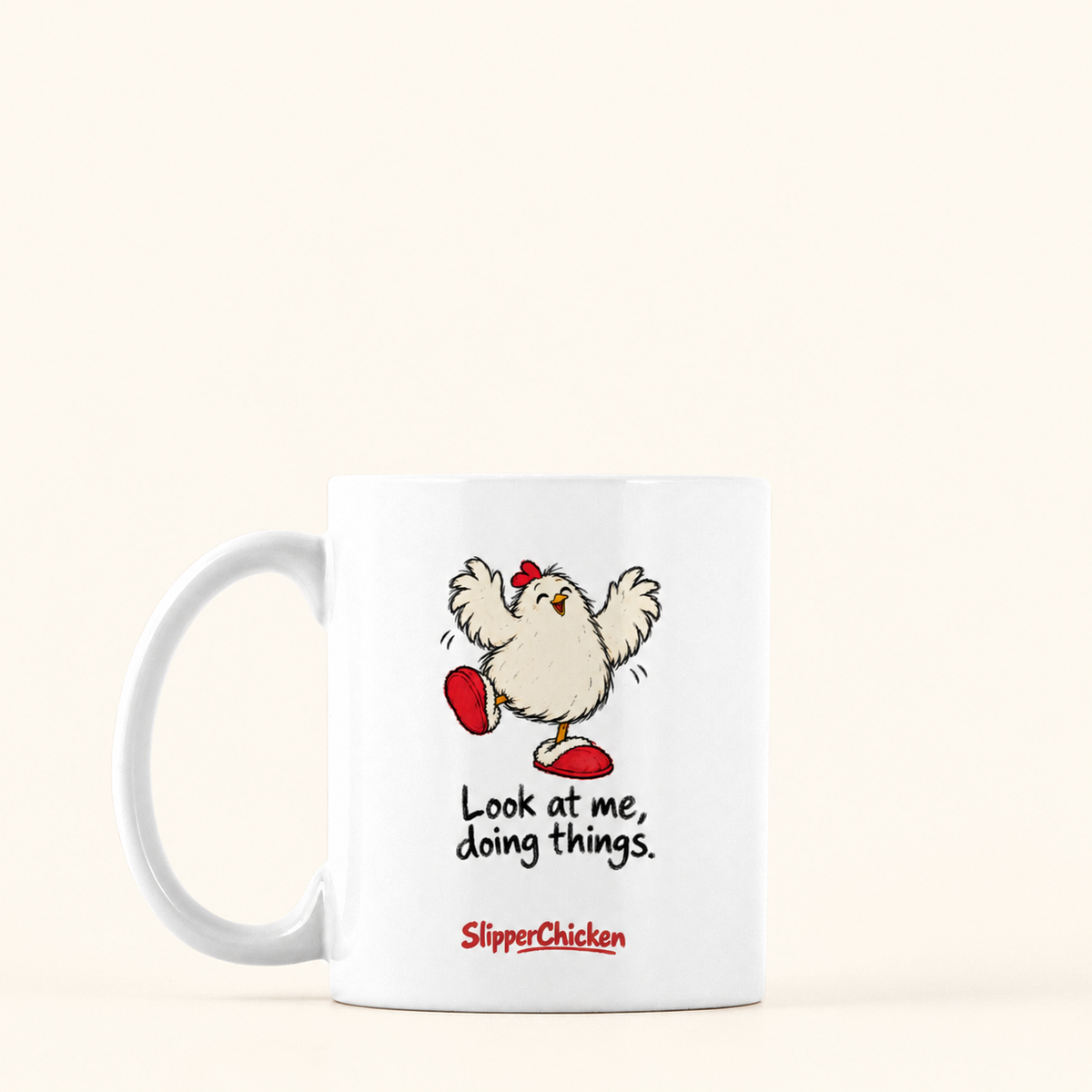 Delighted Mug with handle on the left, preserving Printed Mint's saved artwork scale and placement on a warm tan background.