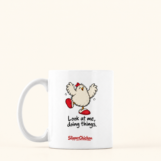 Delighted Mug with handle on the left, preserving Printed Mint's saved artwork scale and placement on a warm tan background.