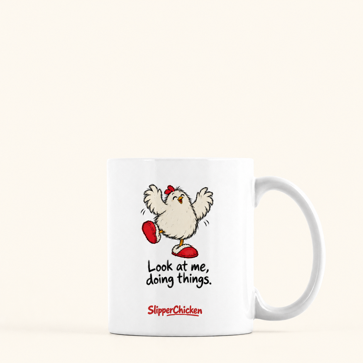 Delighted Mug with handle on the right, preserving Printed Mint's saved artwork scale and placement on a warm tan background.