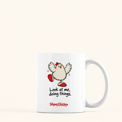 Delighted Mug with handle on the right, preserving Printed Mint's saved artwork scale and placement on a warm tan background.