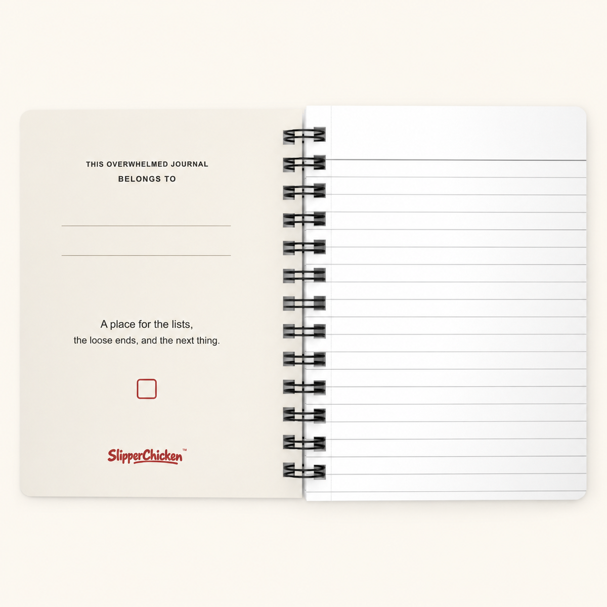 Overwhelmed Journal ownership panel with name lines beside standard white lined pages, on site tan.