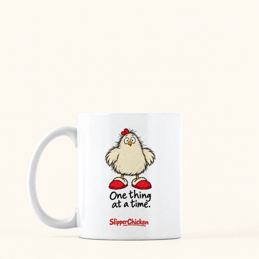 Overwhelmed Mug with handle on the left, preserving Printed Mint's saved artwork scale and placement on a warm tan background.