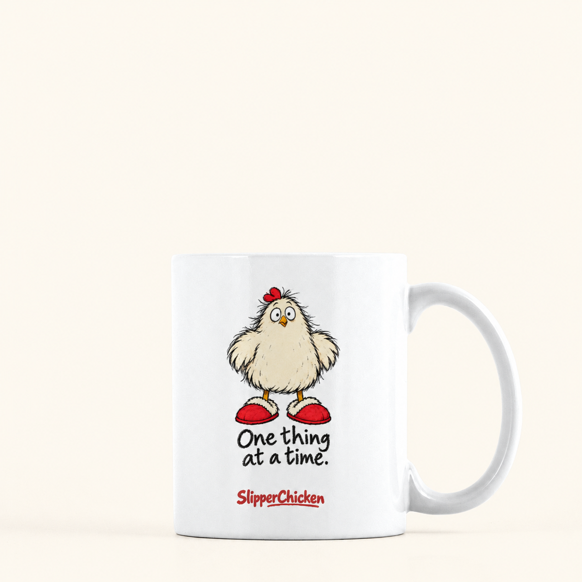 Overwhelmed Mug with handle on the right, preserving Printed Mint's saved artwork scale and placement on a warm tan background.