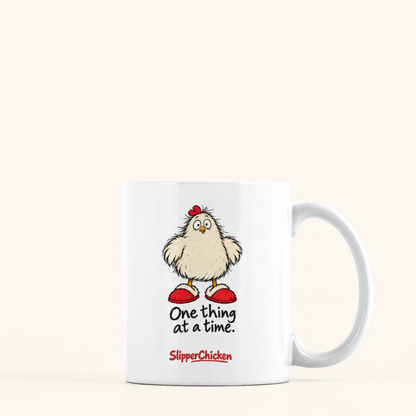 Overwhelmed Mug with handle on the right, preserving Printed Mint's saved artwork scale and placement on a warm tan background.