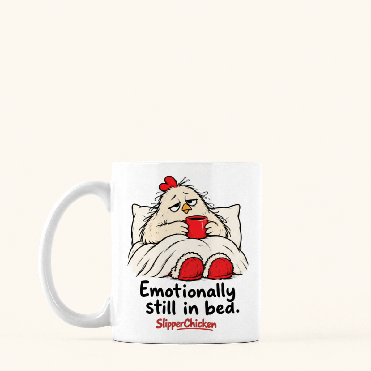 Sleepy Mug with handle on the left, showing the supplier-rendered print proportions on a warm tan background.