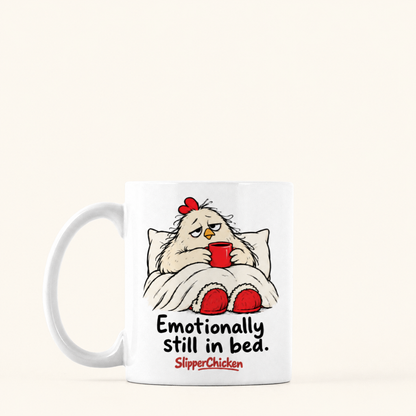 Sleepy Mug with handle on the left, showing the supplier-rendered print proportions on a warm tan background.