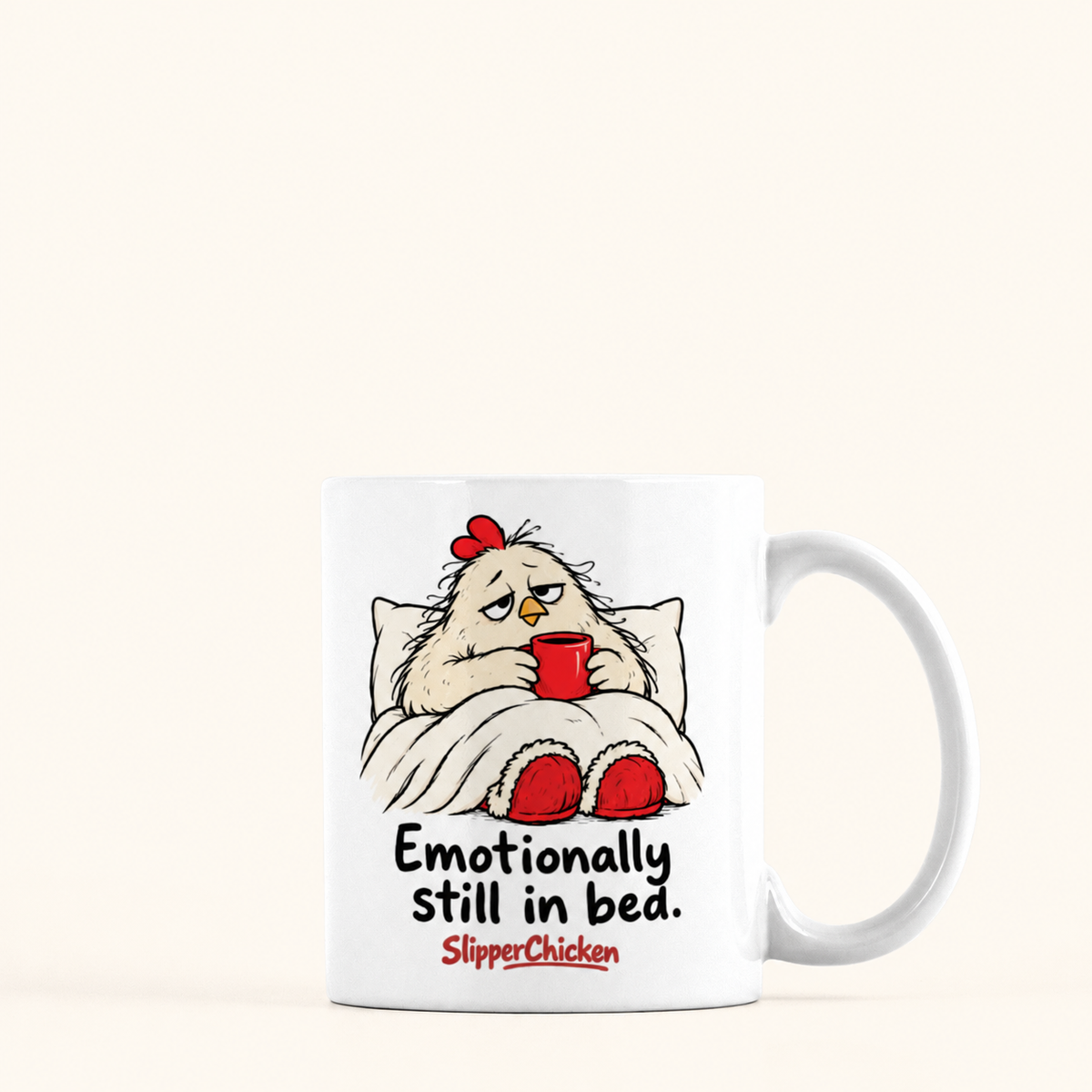 Sleepy Mug with handle on the right, showing the supplier-rendered print proportions on a warm tan background.