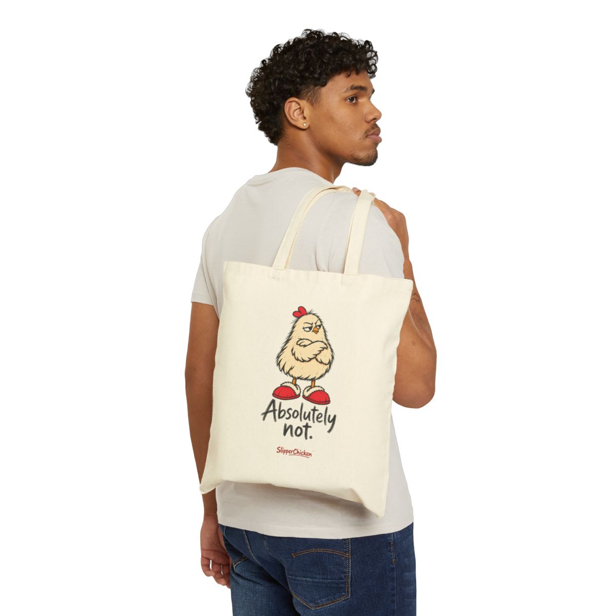 Native Printify mockup of the natural 15 × 16-inch Unimpressed Tote worn over a shoulder, showing Absolutely not. at the saved print proportions.